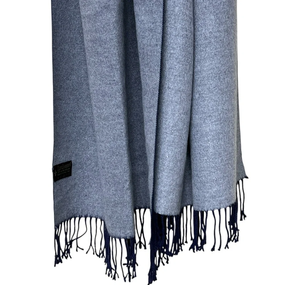 Lambswool Made in Florence Italy navy and gray reversible oversized wrap scarf